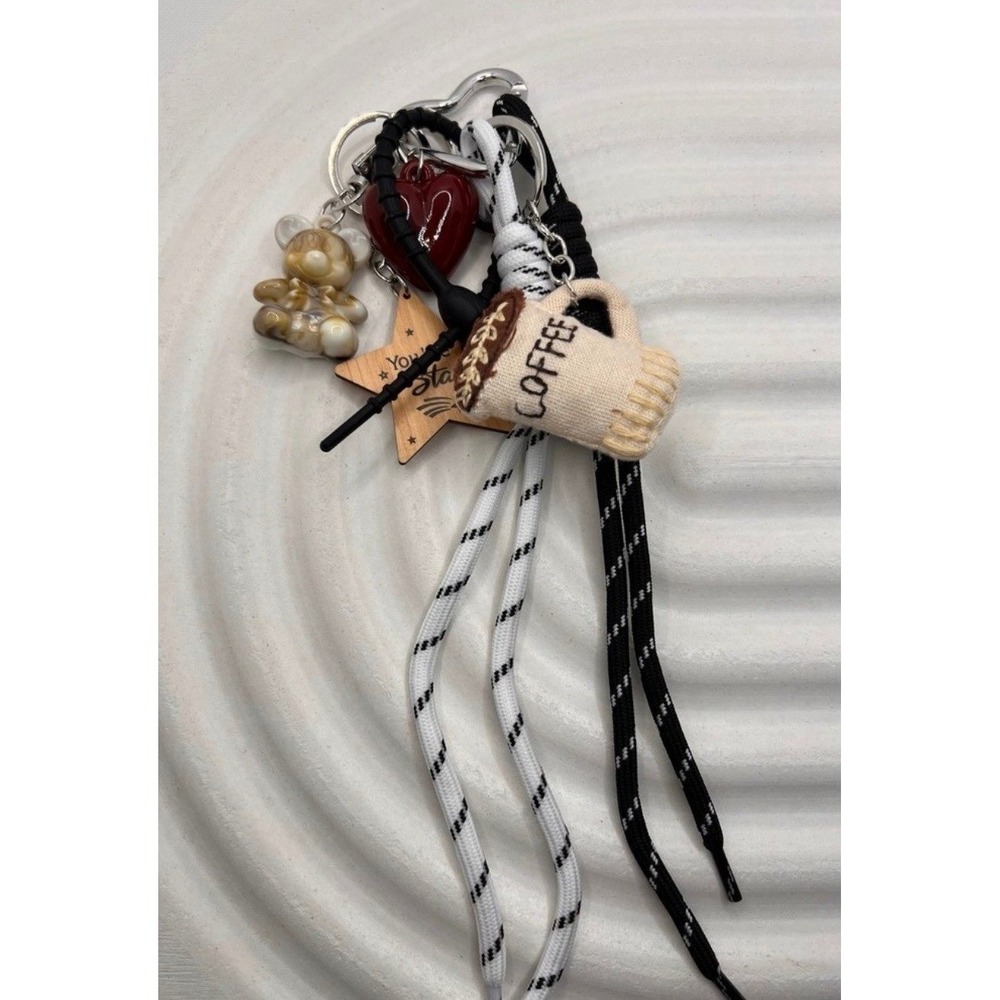 Cute Coffee Cup & Bear Keychain Set with Heart Charm and Ropes – Aesthetic Bag